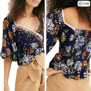 Free People | Women’s Mirabella Blue Floral Wrap Front Puff Sleeve Top Blouse S